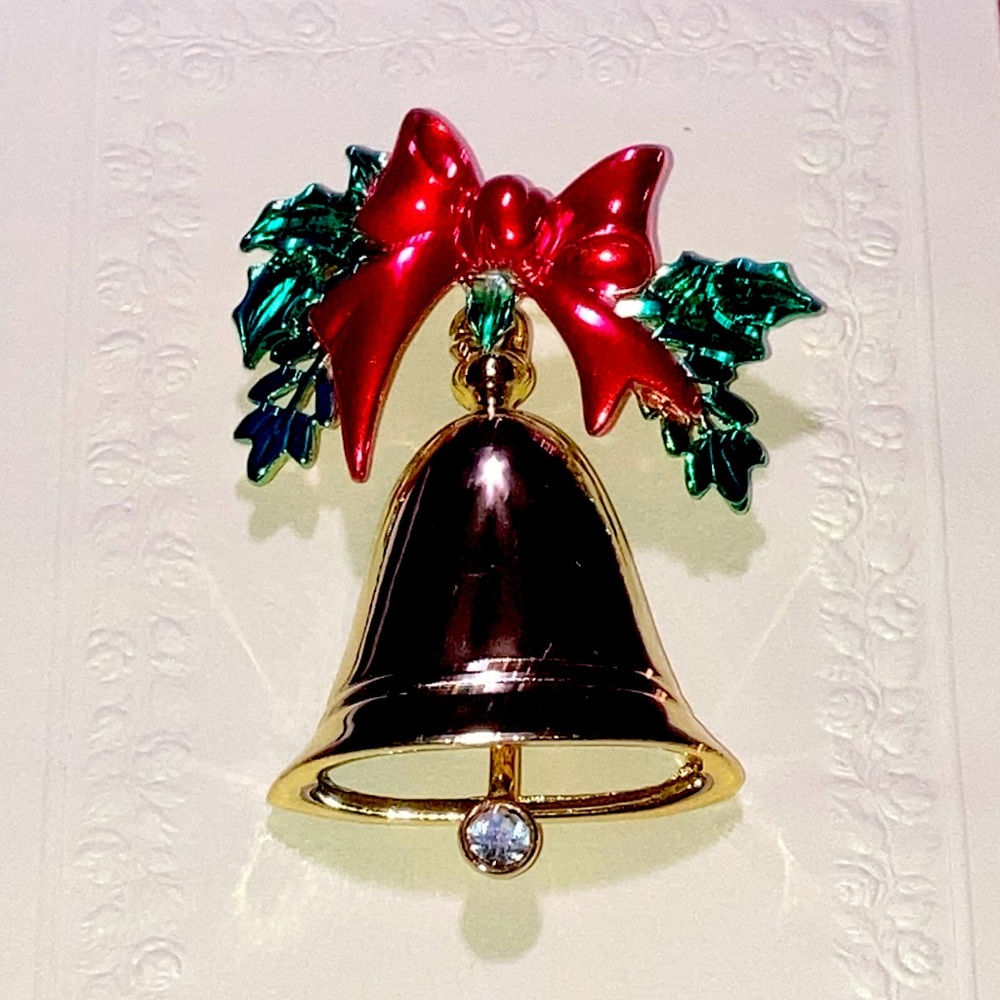 Vintage Christmas Gold Tone Bell Pin Brooch Red Enamel Bow with Green Holly